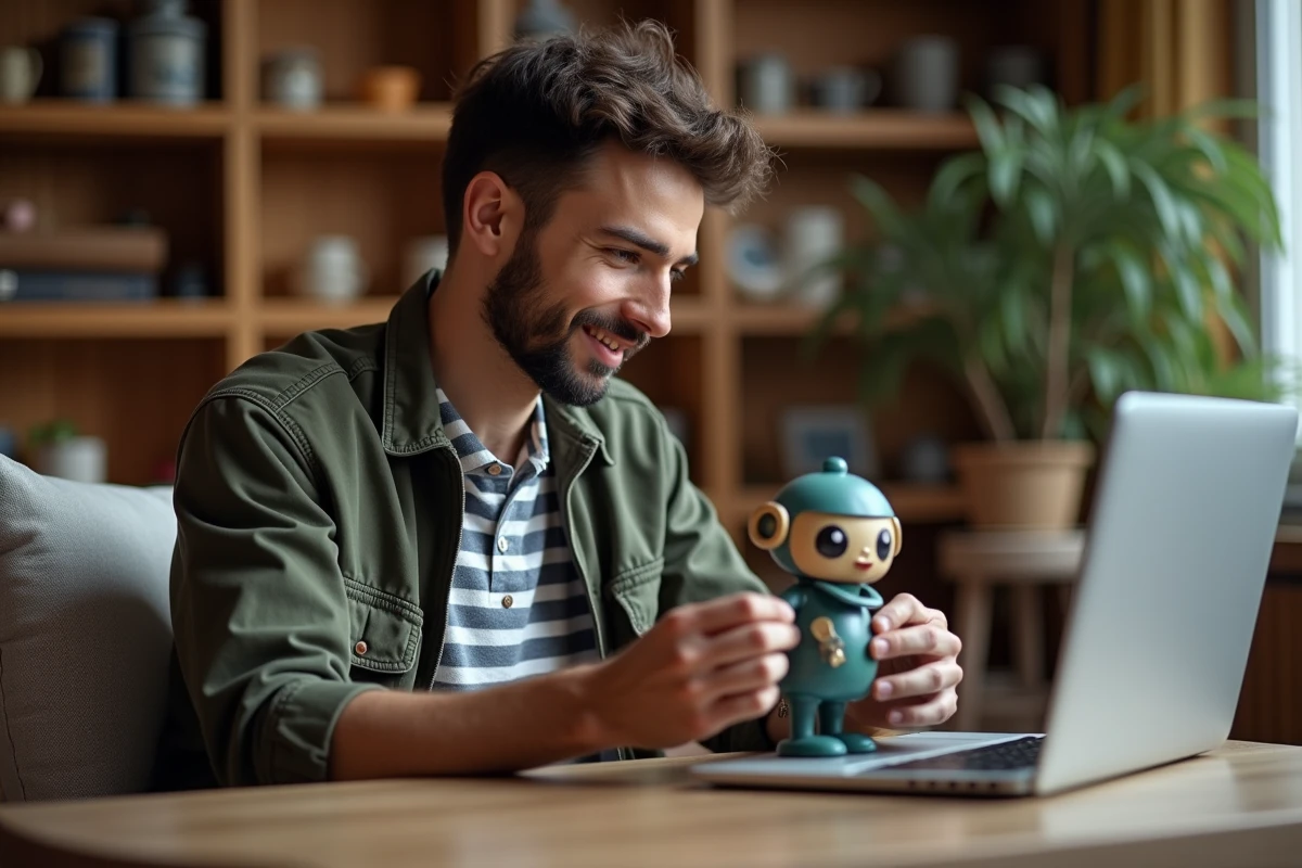 Jeune homme photographiant une figurine de collection dans son salon