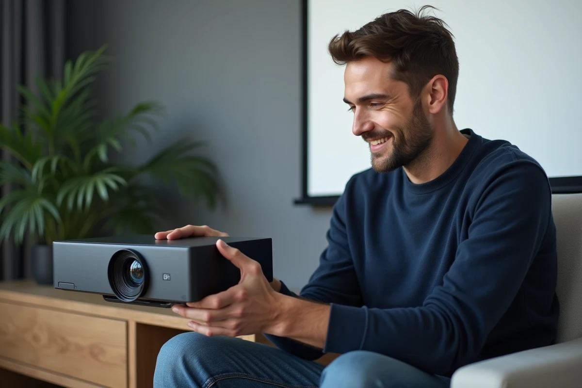 Jeune homme ajustant un projecteur Full HD dans un salon moderne