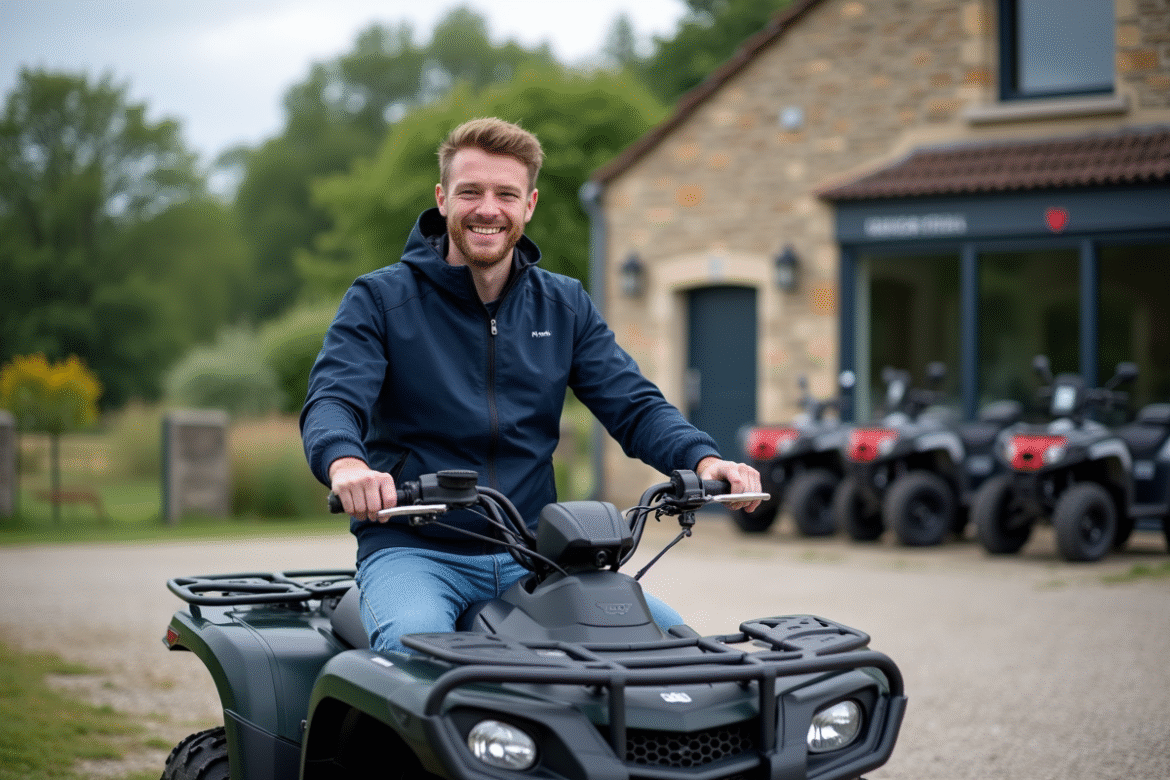 Jeune homme souriant avec quad dans un concessionnaire rural