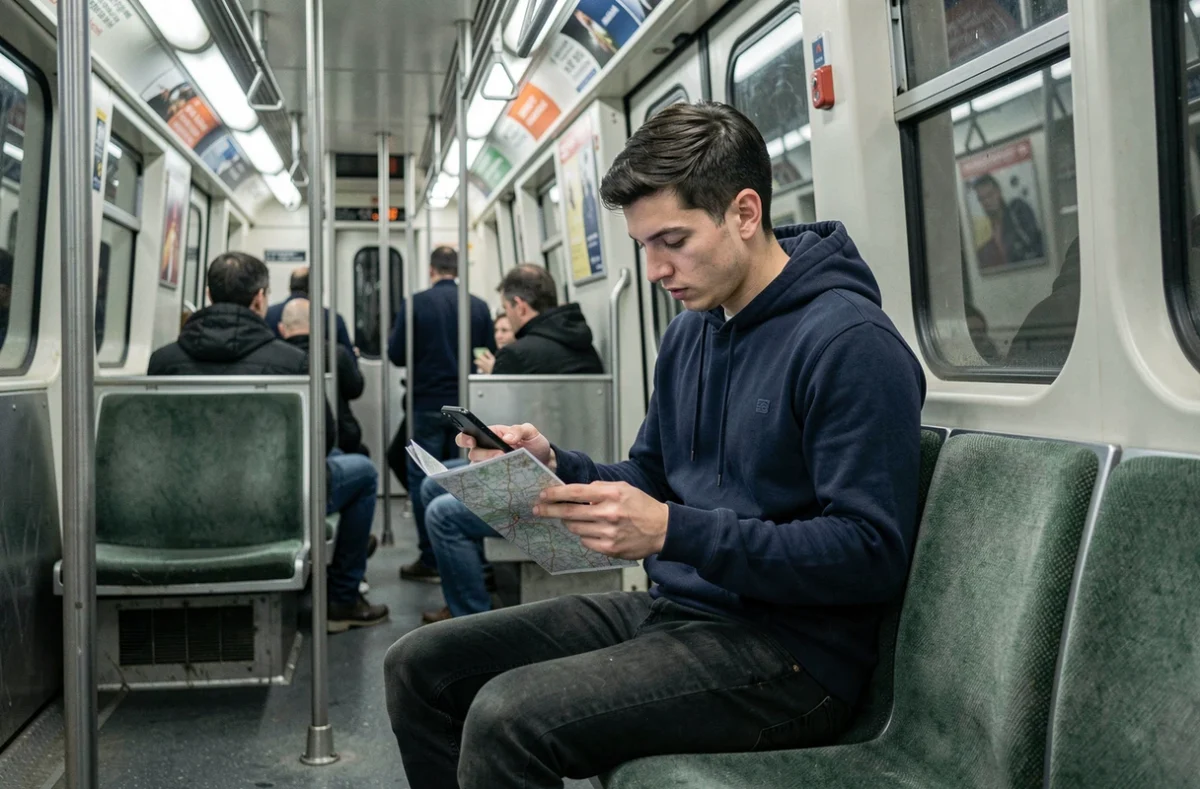 Jeune homme consultant le plan du métro ligne 9 dans une rame en mouvement à Paris