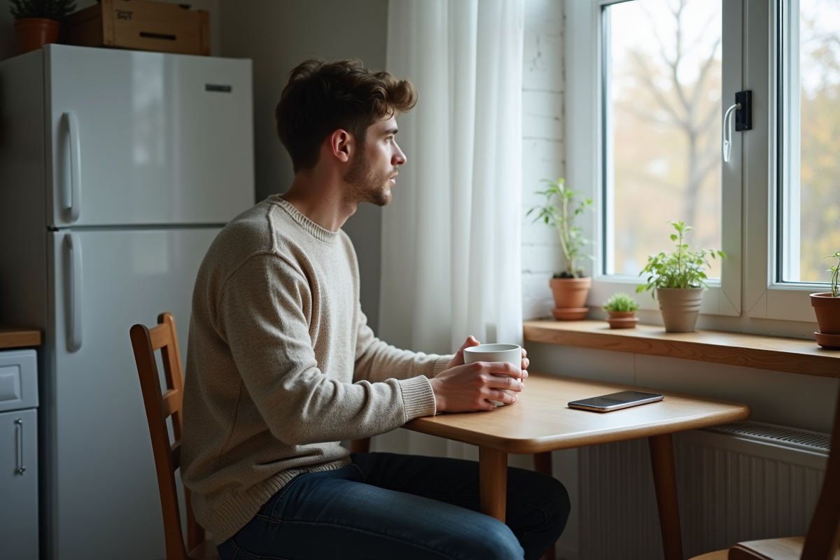 Jeune homme pensif dans une cuisine chaleureuse
