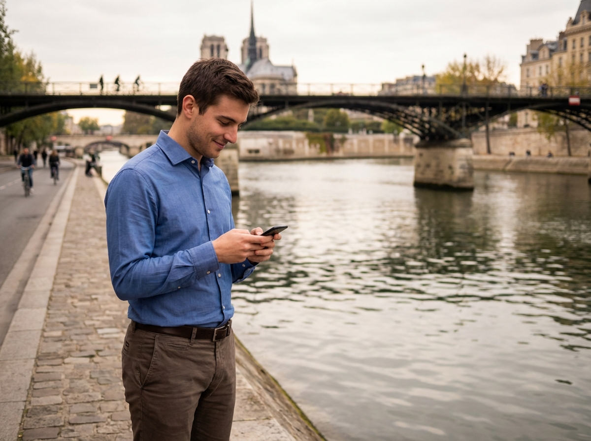 Jeune homme regardant son téléphone au bord de la Seine à Paris