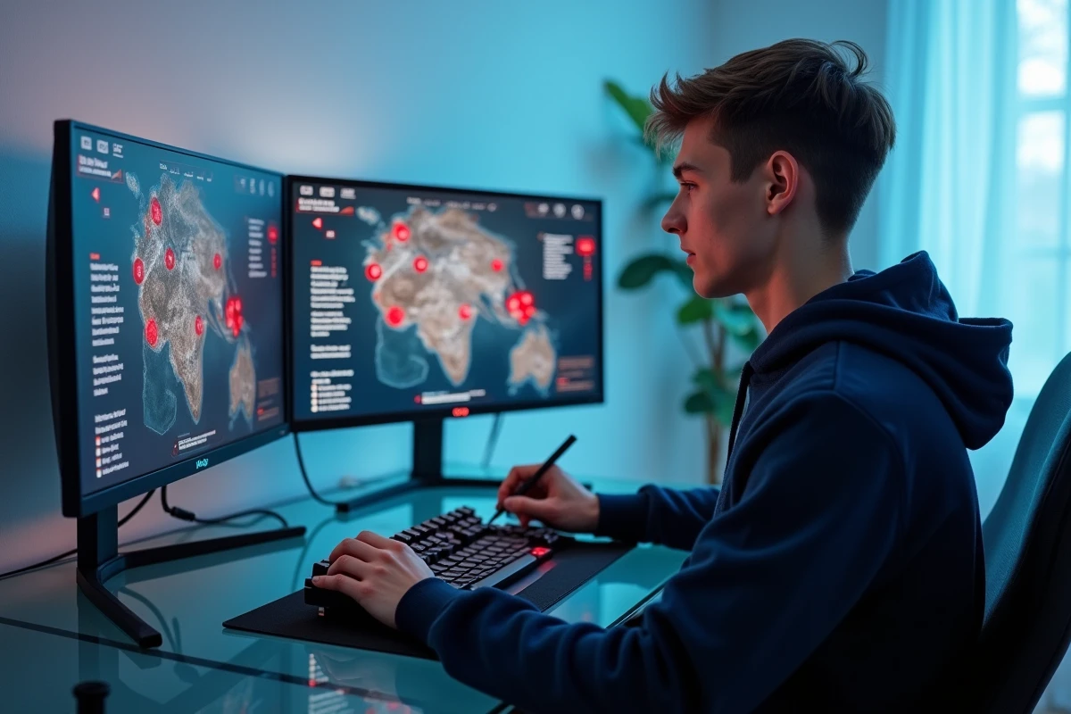 Joueur solo concentré sur un écran de jeu avec carte de stratégie et notes pour coordonner une équipe dans un MMORPG