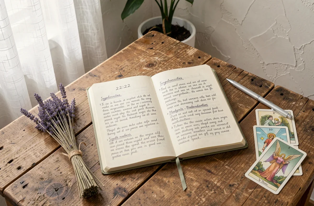 Journal ouvert avec la notation 22h22 entouré de cartes de tarot et de lavande séchée sur une table en bois
