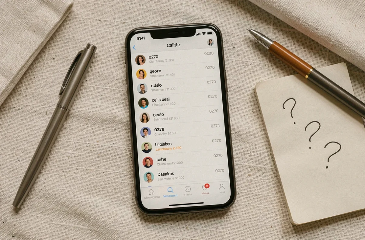 Gros plan d'un smartphone affichant un journal d'appels répétés depuis un numéro commençant par 0270 posé sur une table en lin