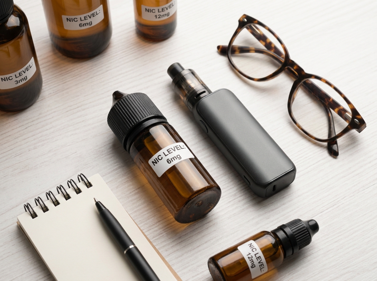 Plateau avec kit de démarrage vape, flacons d'e-liquide aux différents taux de nicotine et carnet de notes pour choisir son dosage