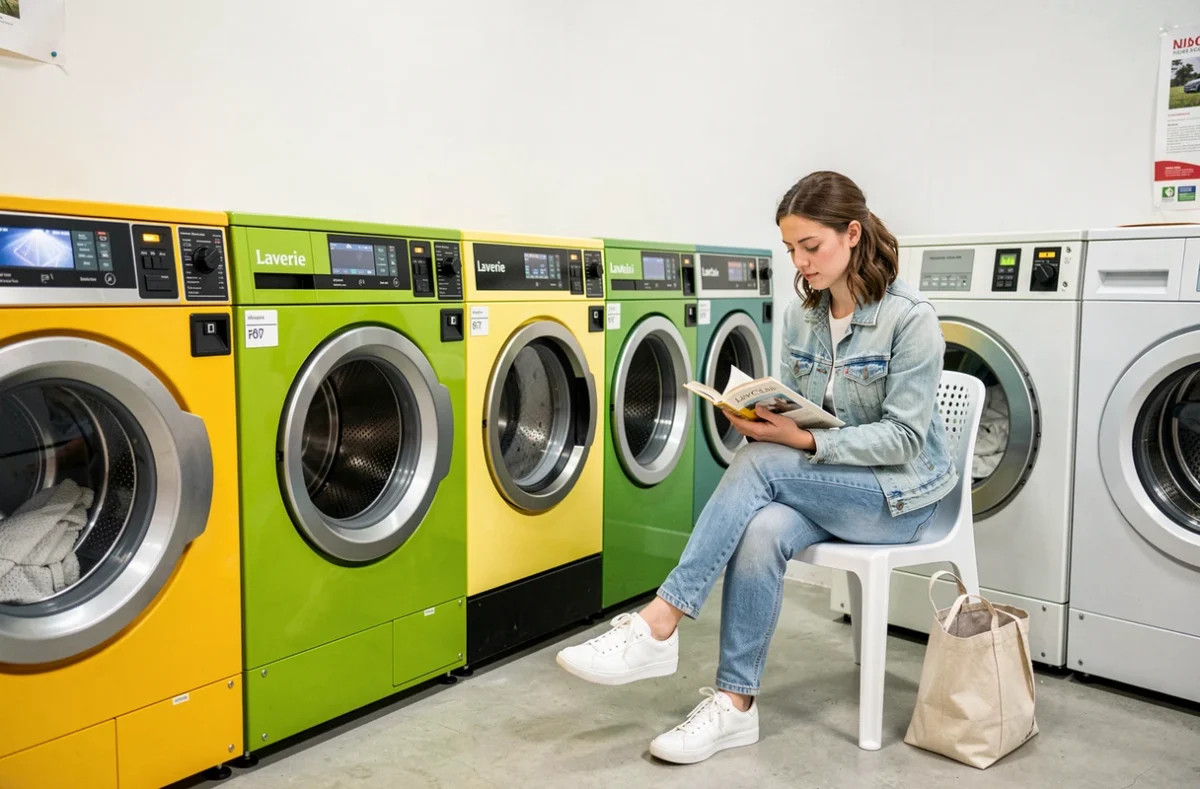 Jeune femme lisant un livre en attendant sa lessive dans la laverie Lav'Clair à Lille aux machines colorées