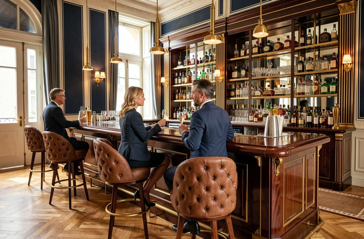 Couple élégant sirotant du champagne au bar de l'hôtel Le Chatham au Touquet-Paris-Plage, dans un décor Art Déco raffiné avec comptoir en acajou et miroirs dorés.
