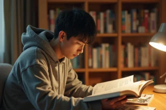 Jeune homme lisant un tome de manga One Piece à son bureau entouré de volumes de manga