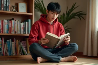Jeune homme lisant un manga One Piece assis sur un plancher en bois dans une chambre japonaise entourée d'étagères remplies de volumes manga