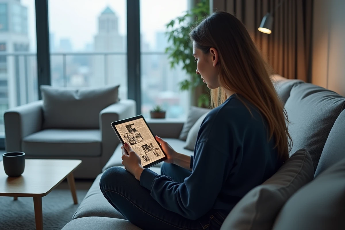 Femme lisant un scan de manga sur tablette dans un appartement moderne et minimaliste