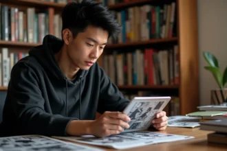 Jeune homme lisant le scan One Punch Man sur une tablette entourée de mangas