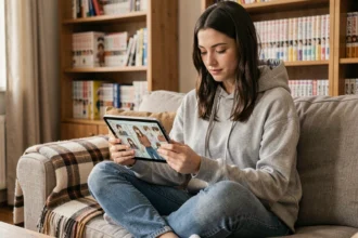 Jeune femme lisant des scans de manga sur une tablette dans un salon confortable avec des étagères de mangas en arrière-plan
