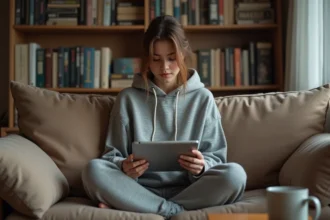 Jeune femme lisant des scans manga en français sur une tablette dans un salon cosy entouré de volumes de manga
