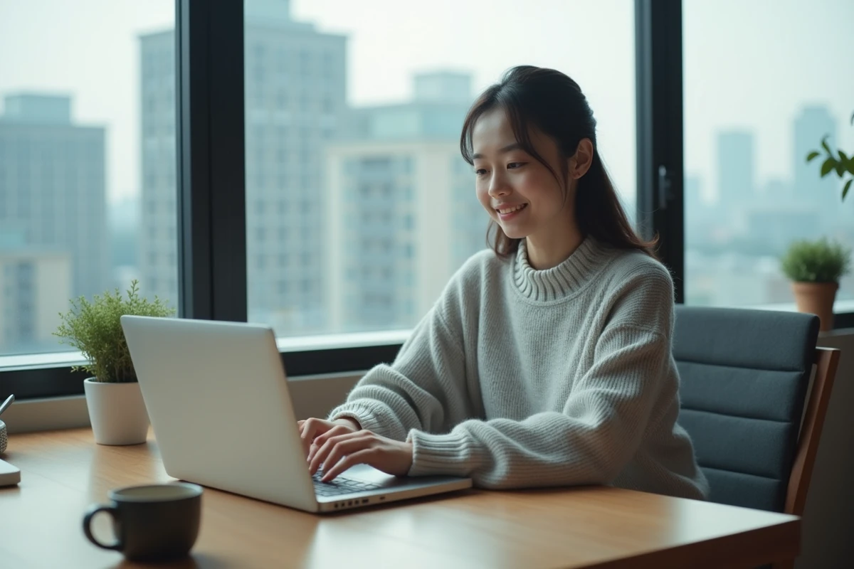 Jeune femme lisant One Piece en VF sur une plateforme légale via son ordinateur portable dans un bureau moderne avec vue sur la ville