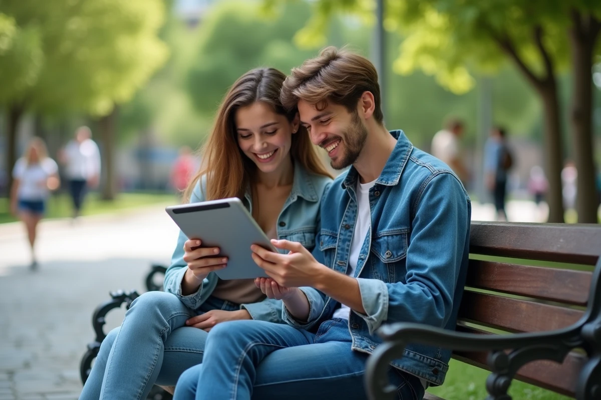 Deux amis consultant une application légale de lecture manga One Piece sur une tablette assis sur un banc dans un parc urbain