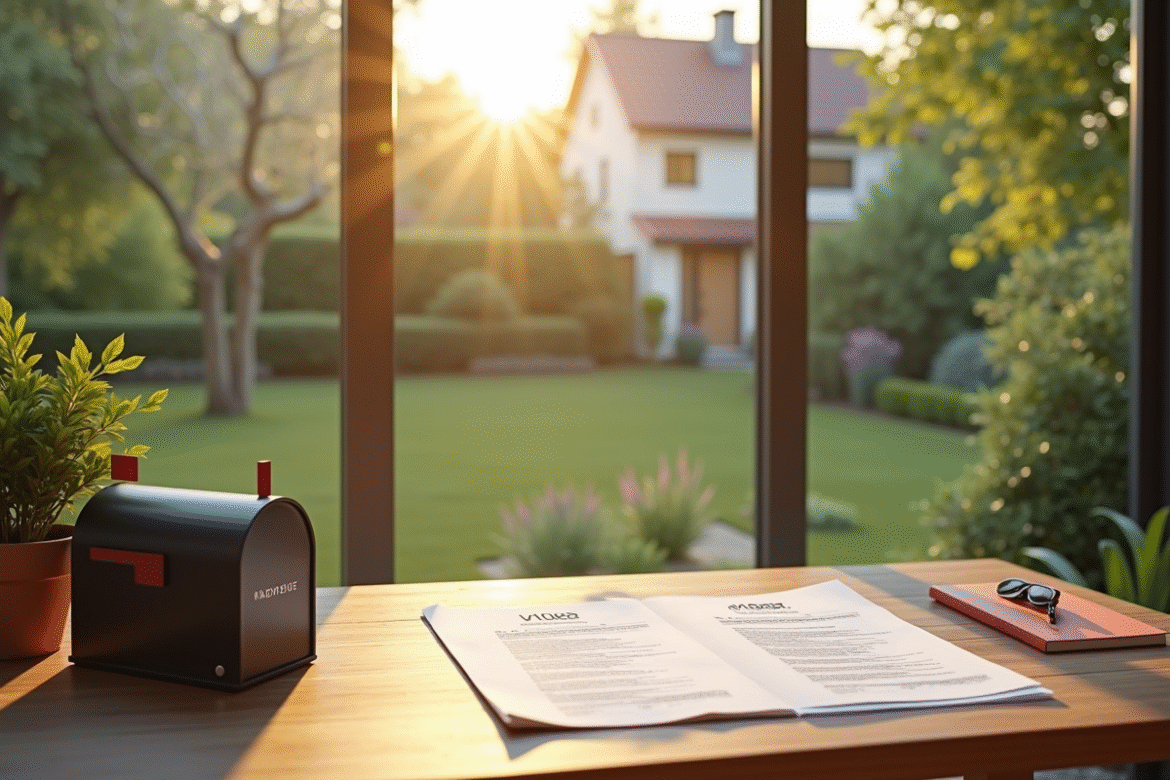 Maison secondaire moderne avec jardin verdoyant et documents fiscaux
