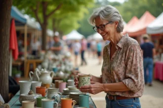 Femme souriante achetant une tasse ancienne au marché