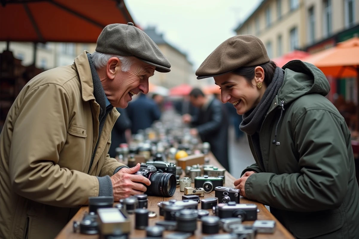 Homme âgé négociant avec un vendeur au marché aux puces en Meurthe-et-Moselle