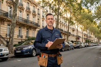 Électricien professionnel devant un immeuble haussmannien à Boulogne-Billancourt, représentant les meilleurs électriciens de la ville