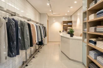 Intérieur d'un pressing moderne dans le Nord avec des vêtements sous housse sur rail et un comptoir d'accueil professionnel