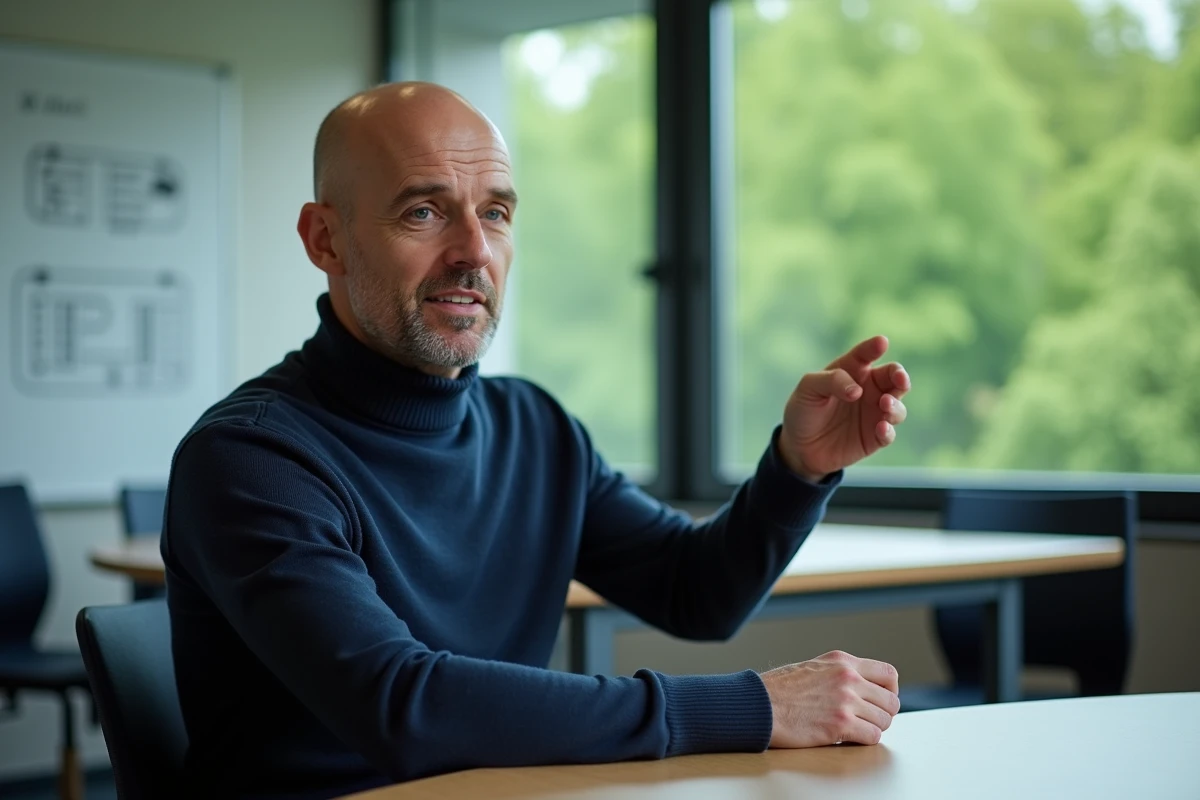 Professeur charismatique et bienveillant en pull marine animant un séminaire dans une salle moderne, incarnant la figure du mentor et du rassembleur comme le Professeur X