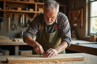 Artisan mesurant une planche en bois avec un double mètre ruban pouces et centimètres dans un atelier de bricolage