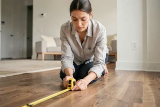 Femme mesurant la superficie d'une pièce en bois avec un mètre ruban jaune pour convertir des mètres carrés en centimètres carrés