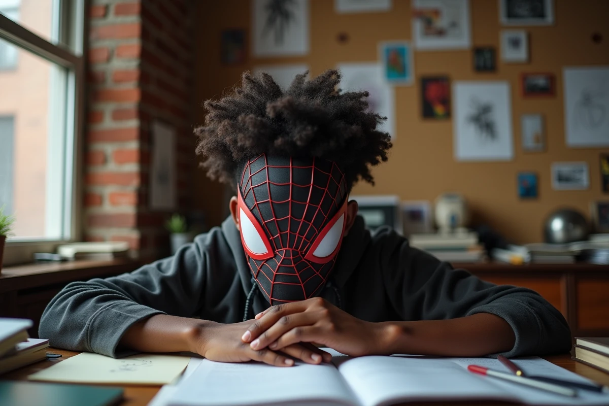 Portrait de Miles Morales à moitié masqué dans sa chambre de Brooklyn avec des croquis de comics et des affaires scolaires sur son bureau