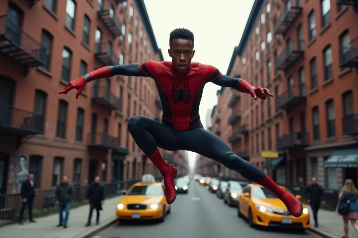 Miles Morales en Spider-Man effectuant un saut acrobatique entre des immeubles de Brooklyn avec la rue animée de New York en contrebas