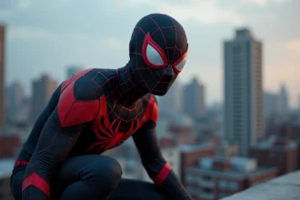 Miles Morales en costume de Spider-Man rouge et noir accroupi sur un toit urbain de New York avec les gratte-ciels en arrière-plan flou