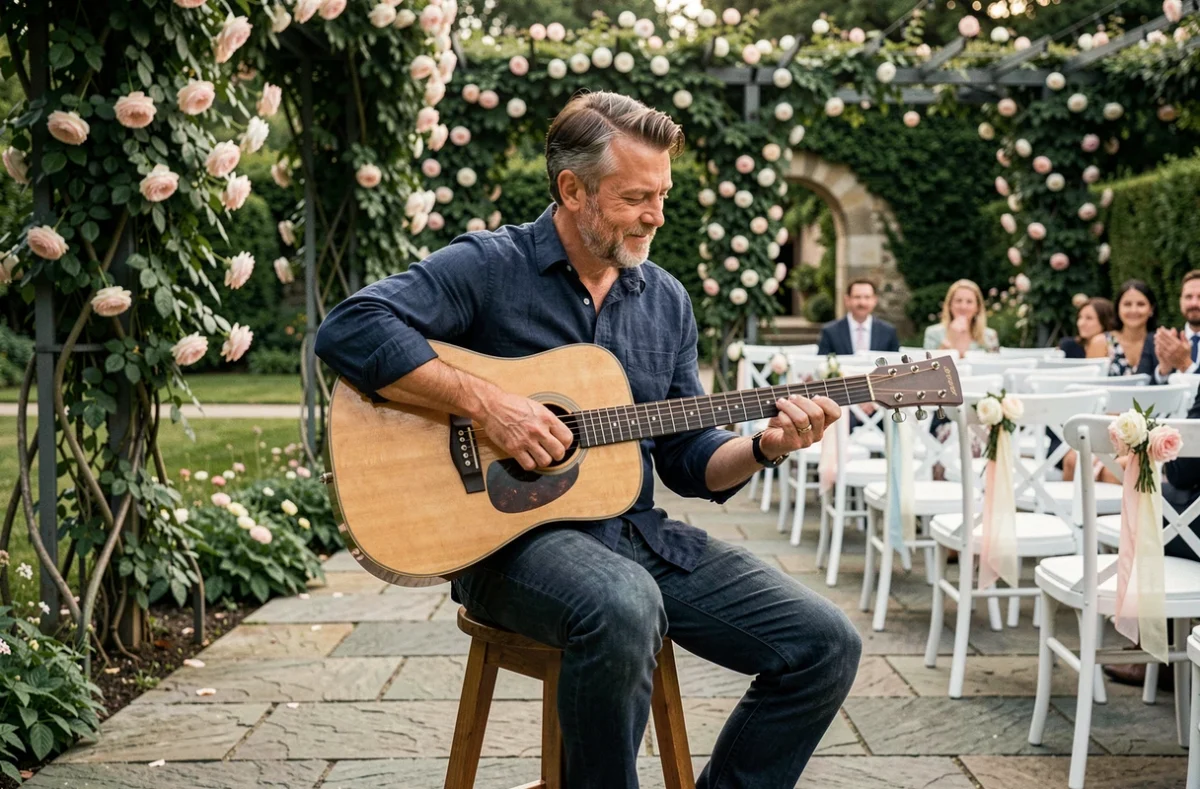 Musicien acoustique jouant Stand By Me lors d'une cérémonie de mariage en plein air dans un jardin fleuri