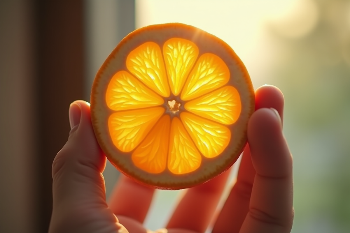 Main tenant une orange tranchée avec pulpe juteuse