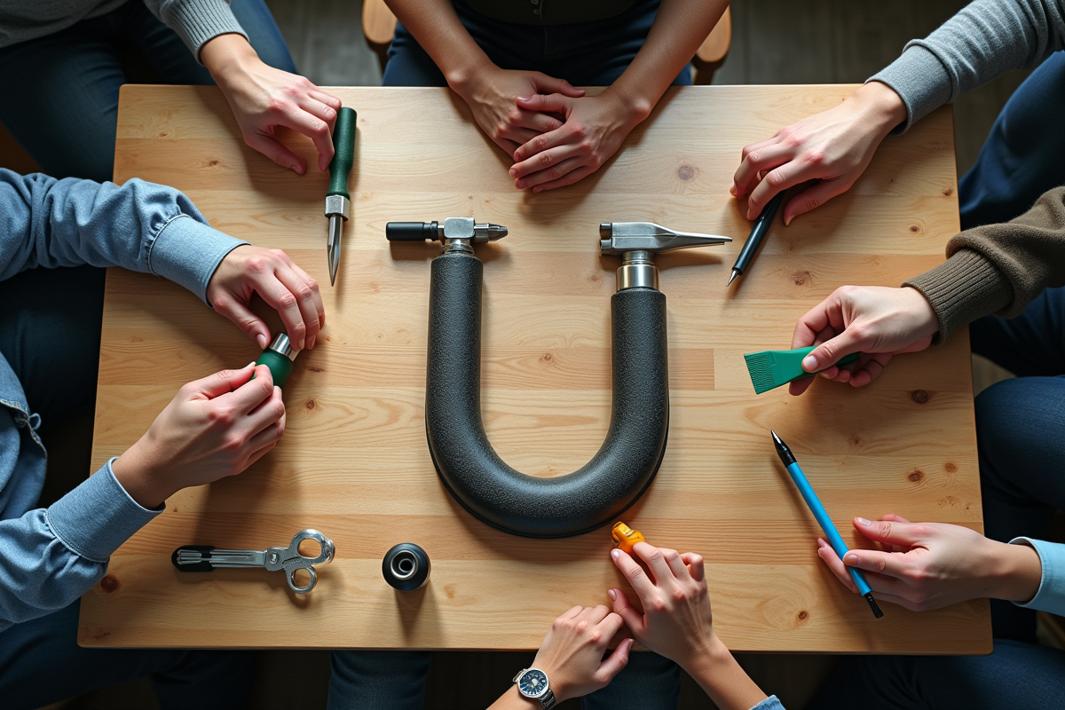 Outils de travail formant la lettre U sur un bureau en bois