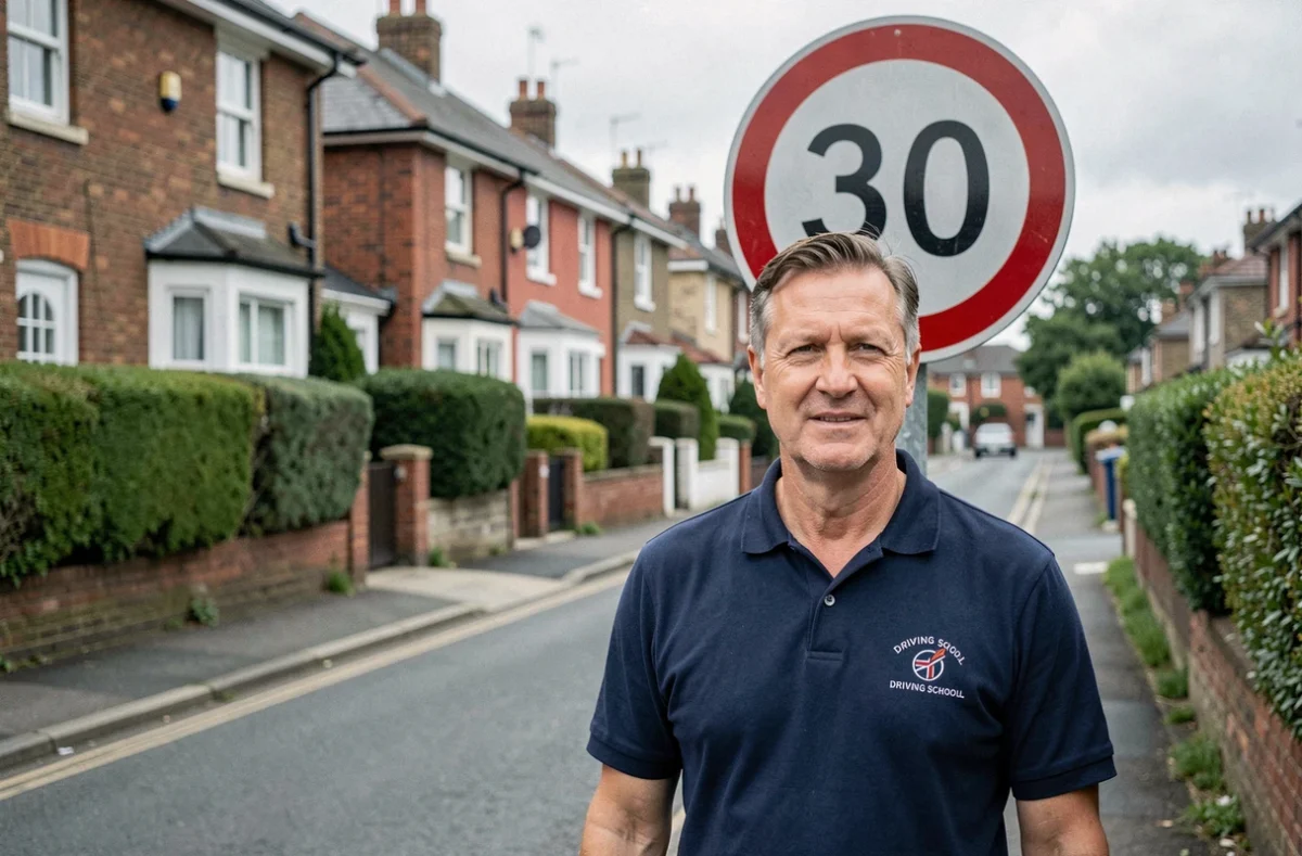 Instructeur de conduite debout près d'un panneau de limitation à 30 mph dans une rue résidentielle britannique