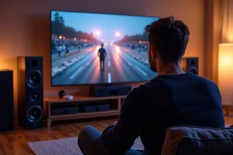 Homme passionné de home cinema installé devant un écran OLED 4K avec système audio haute fidélité dans une salle dédiée