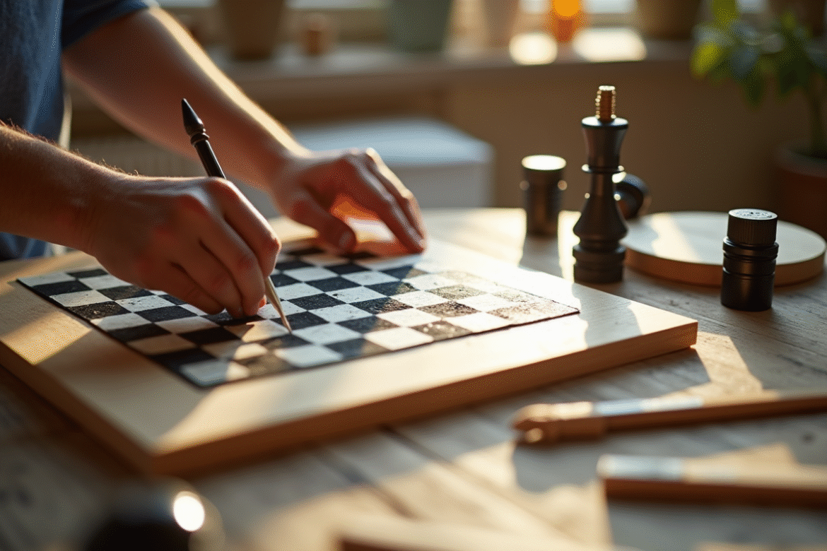 Main peignant un jeu de dames fait maison sur une planche en bois