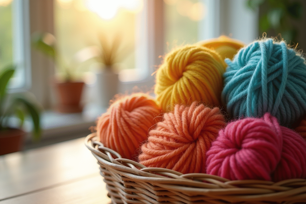 Pelotes de chenille colorées dans un panier en osier