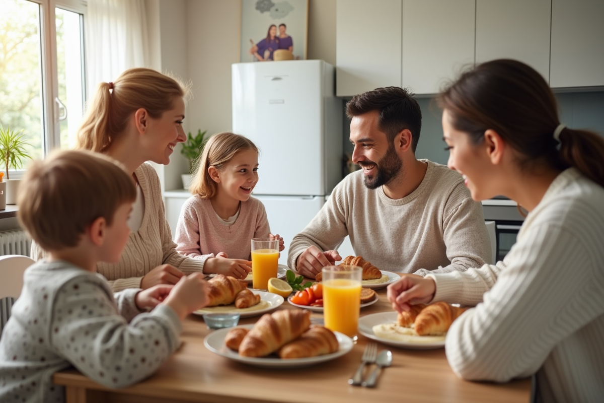 Famille prenant un petit déjeuner dans une cuisine lumineuse