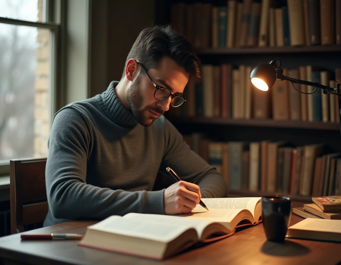 Philosophe étudiant des ouvrages d'esthétique à son bureau, entouré de livres de philosophie de l'art et de notes manuscrites