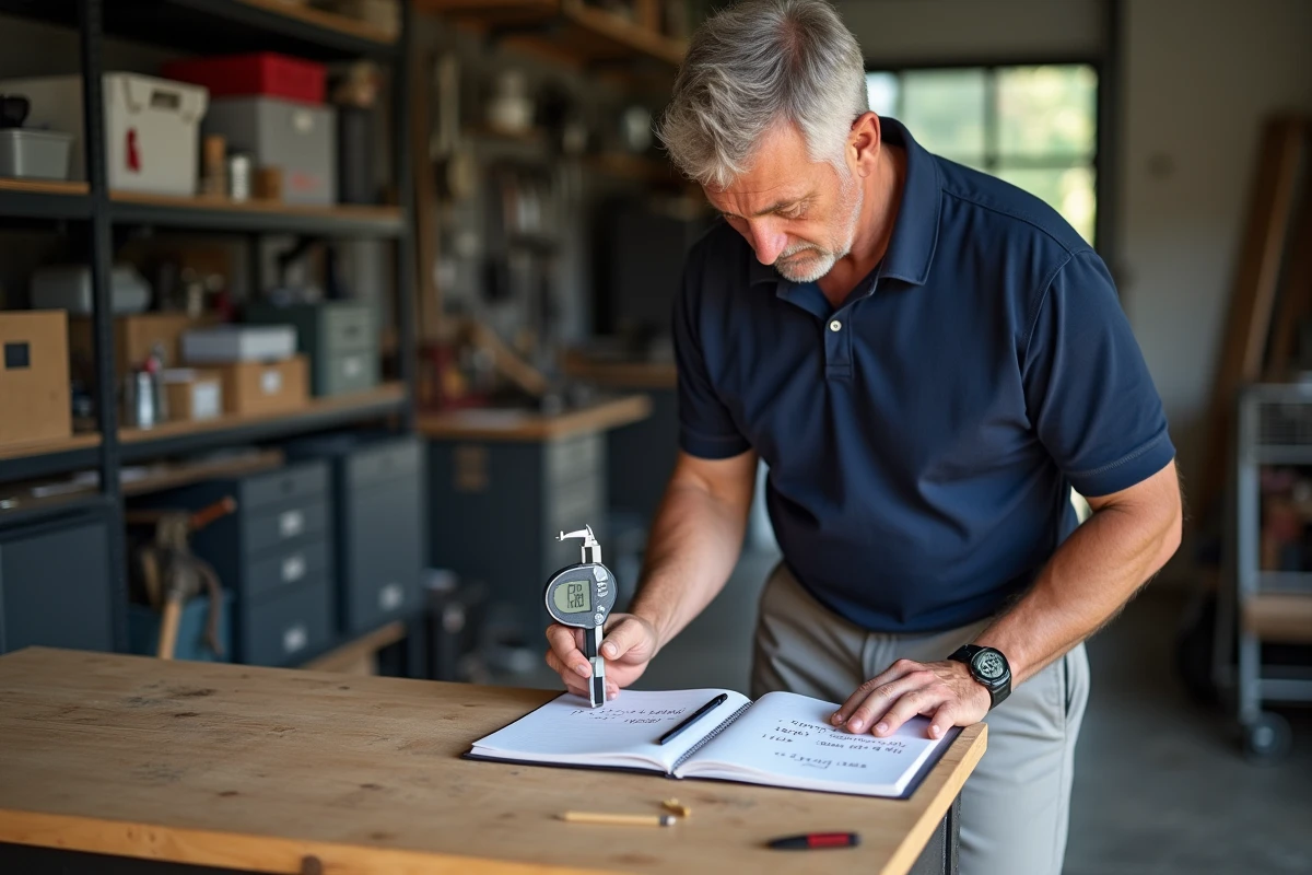 Homme utilisant un pied à coulisse numérique et un carnet de conversions pouces centimètres dans un garage atelier