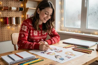 Jeune femme créant des décorations de Noël en pixel art kawaii Disney à son bureau artisanal