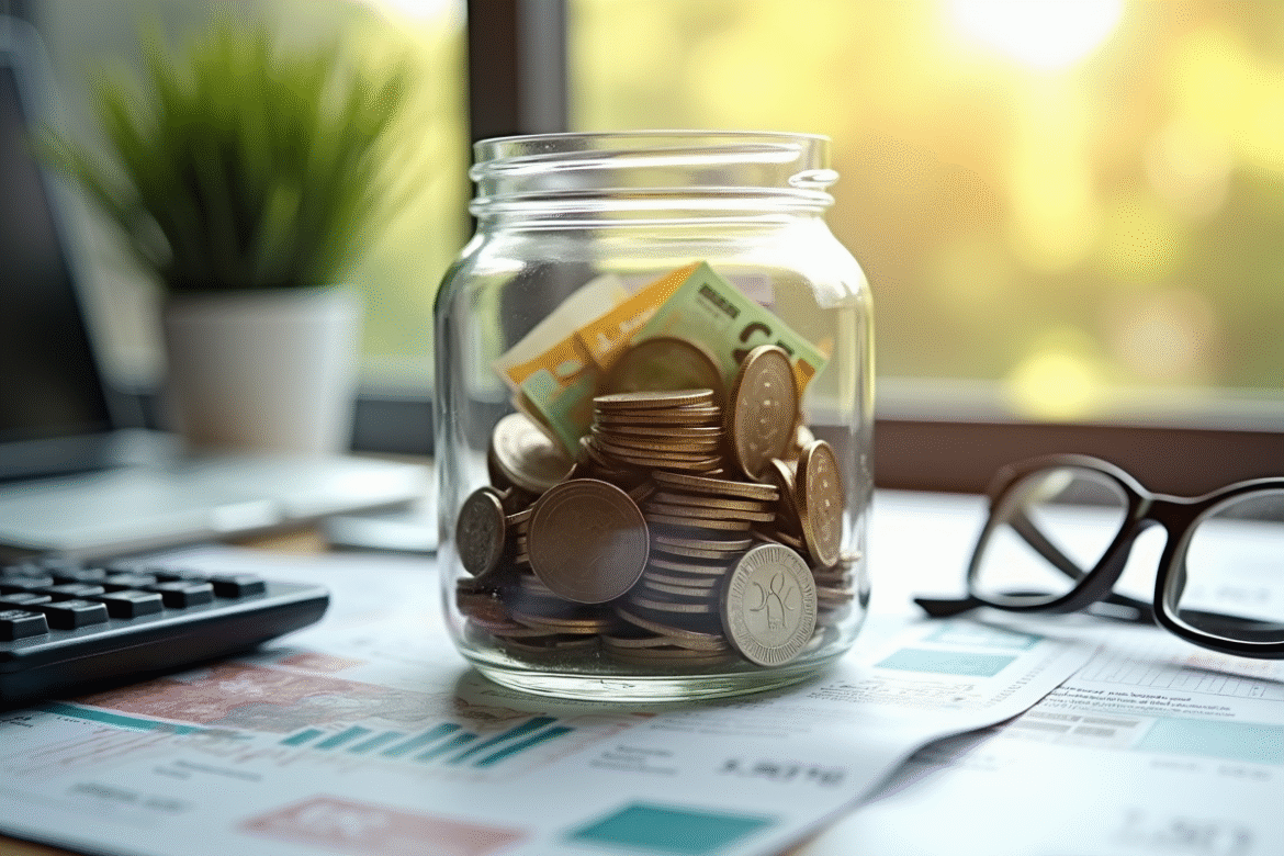 Pot de coins euros et billets sur journal economique