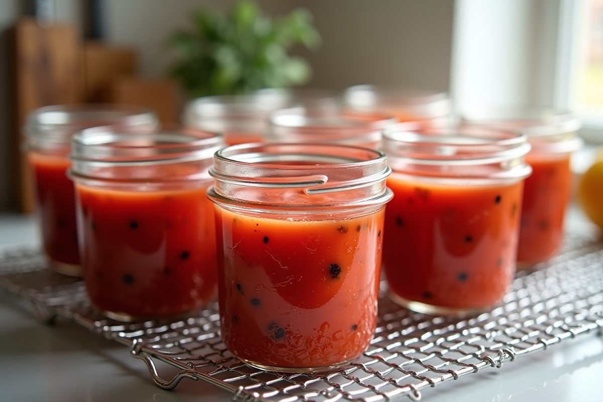 Plusieurs pots de confiture de fruits en refroidissement