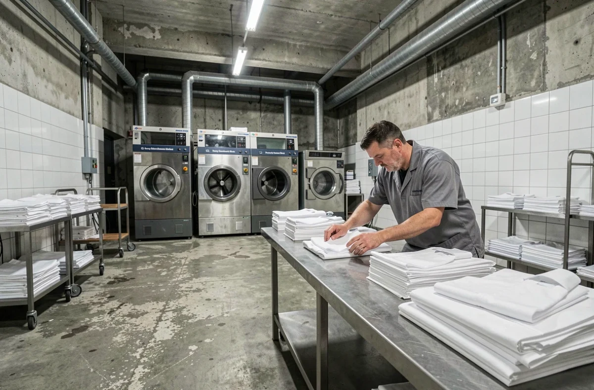 Ouvrier de la Blanchisserie du Nouveau Siècle à Roubaix pliant du linge industriel sur une table en inox