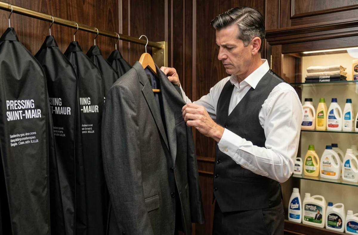Employé du Pressing Saint-Maur à Lille inspectant minutieusement un blazer sur cintre dans une boutique élégante