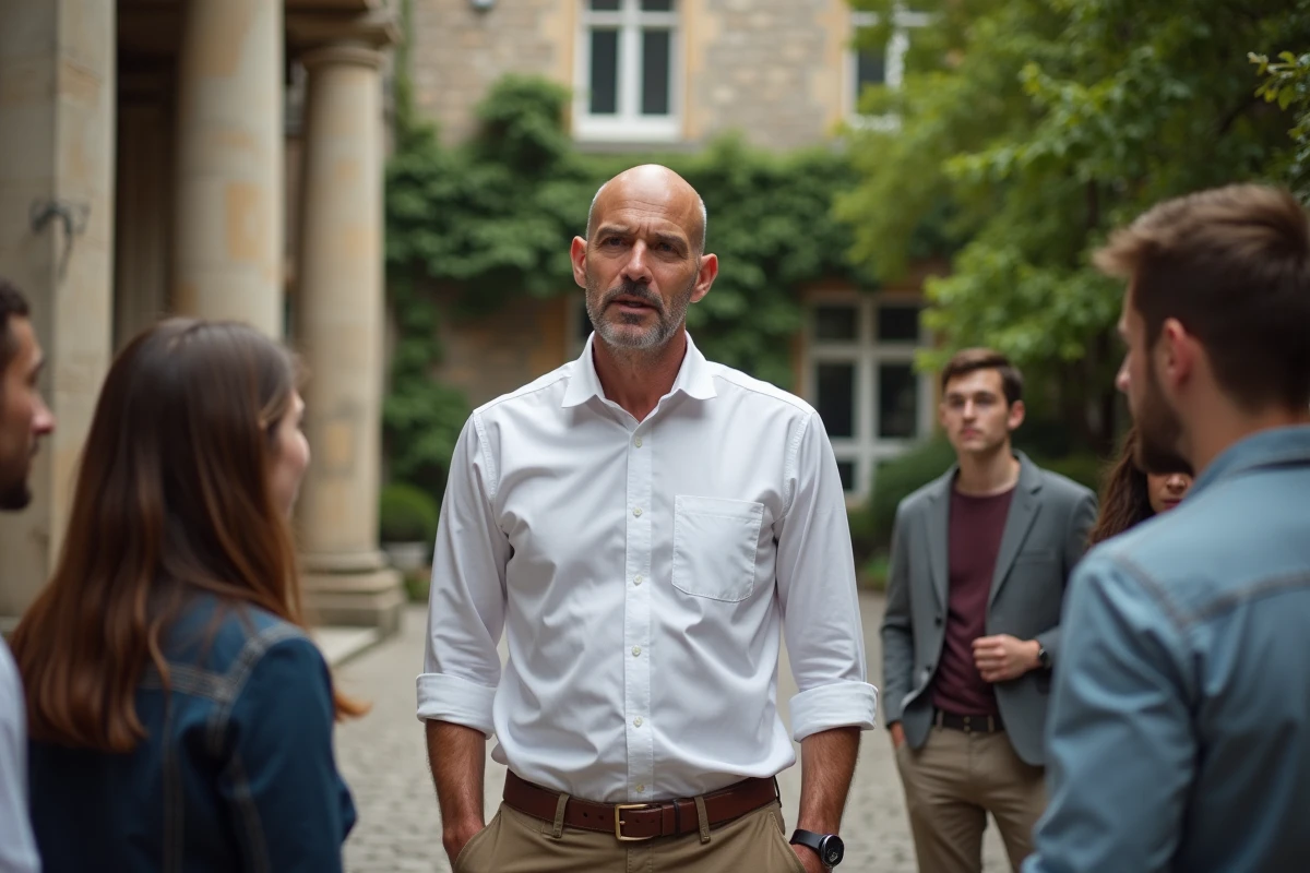 Un homme inspirant entouré d'un groupe de jeunes adultes diversifiés dans la cour d'une institution prestigieuse, illustrant le rôle de guide et de père spirituel du Professeur X au sein des X-Men