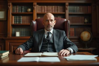 Homme charismatique en fauteuil roulant dans un bureau académique boisé, symbolisant la sagesse et le leadership intellectuel à la manière du Professeur X des X-Men