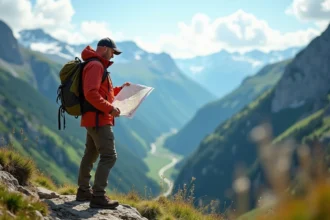 Homme en veste de randonnée examinant une carte des Alpes françaises