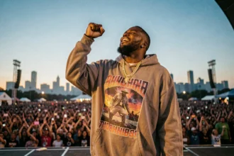 Rappeur américain en performance sur scène lors d'un grand festival, poing levé devant une foule immense